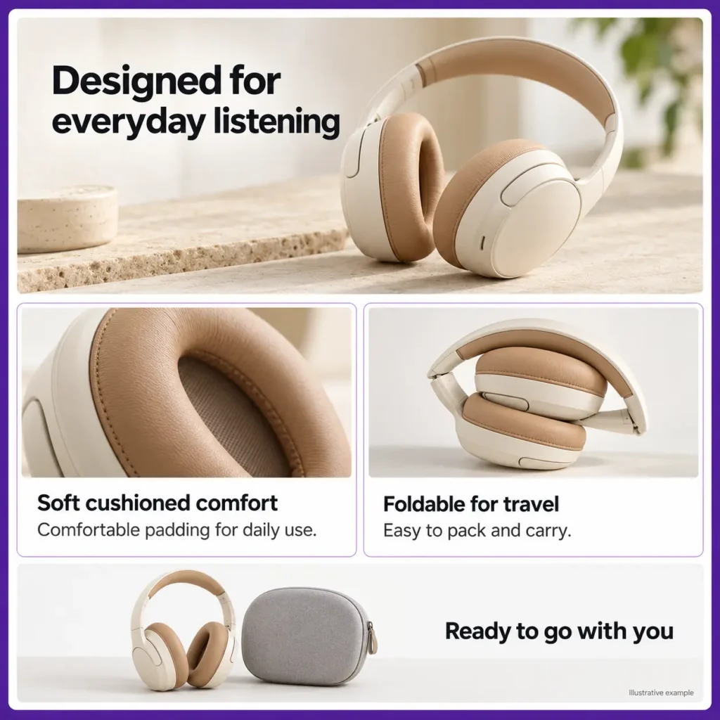 Illustrative A+ content featuring headphone cushions, foldable design and a travel case.