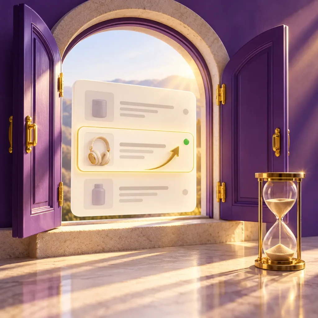 Open purple shutters framing a rising product listing beside an hourglass, representing the active Amazon launch window.