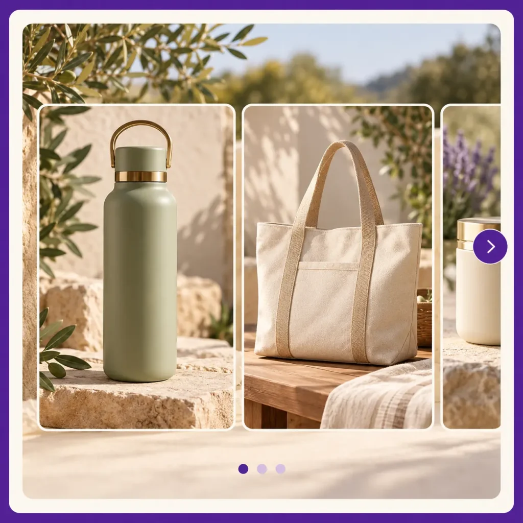 Brand-story carousel featuring a sage travel bottle and cream canvas tote in natural lifestyle settings.