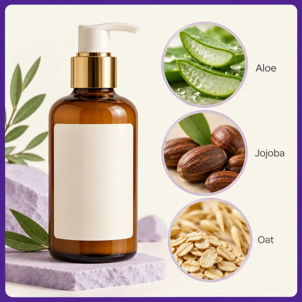 Amber skincare bottle beside labelled close-ups of aloe, jojoba and oat ingredients.