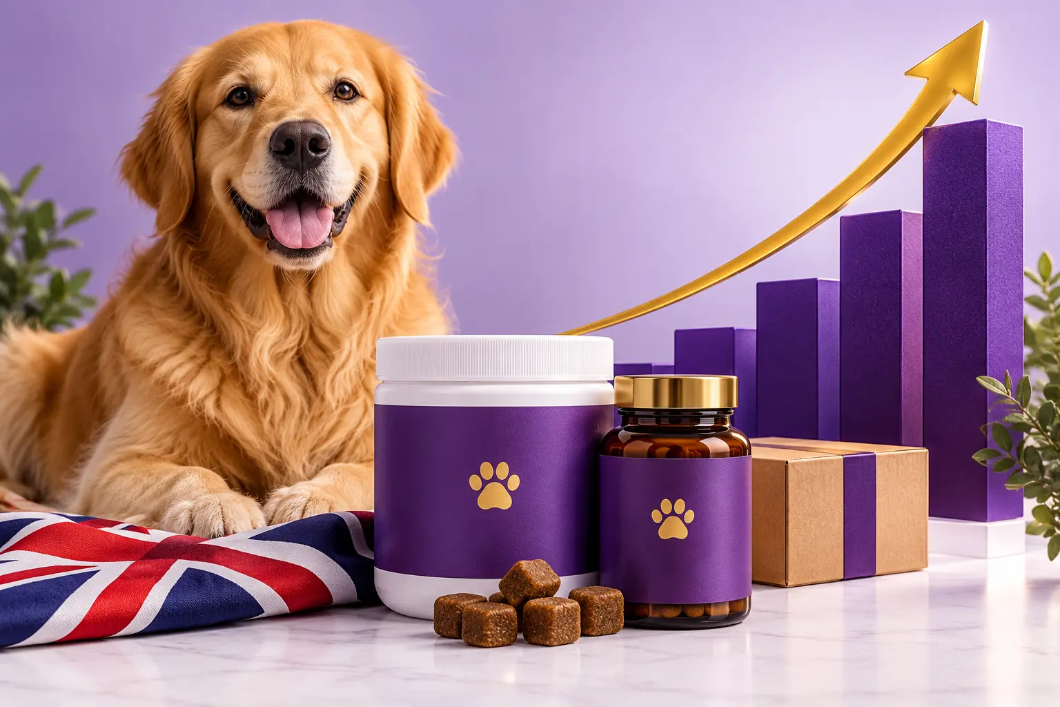 Pet supplement containers beside a golden retriever, UK flag and rising purple bars with a gold arrow representing sales growth.