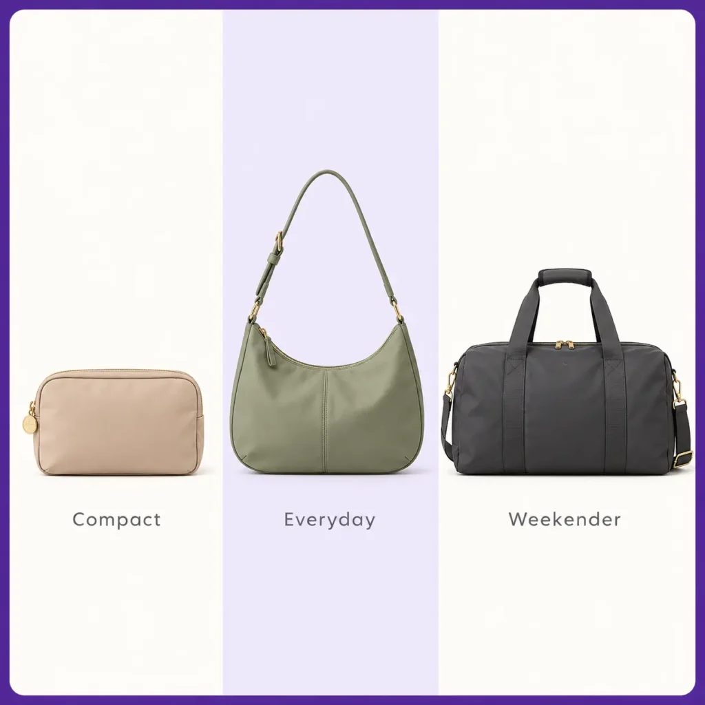 Compact pouch, sage everyday shoulder bag and charcoal weekend duffel displayed side by side for comparison.