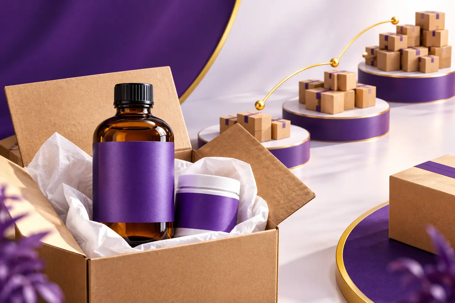 Amber bottle and white jar in an open shipping box, with increasing parcel stacks representing three months of Amazon sales growth.