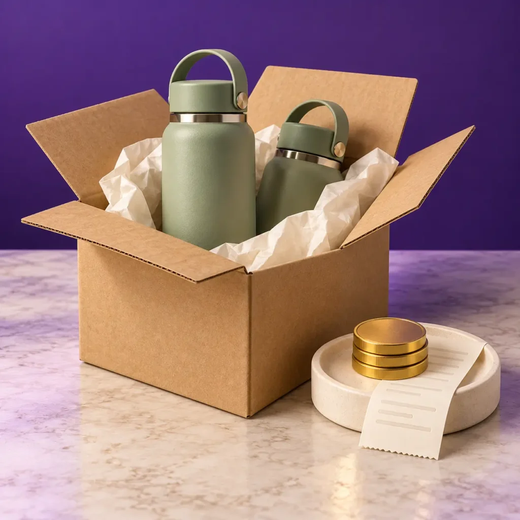 Product samples in an open shipping box beside gold coins and a receipt, representing Amazon Vine enrolment costs.