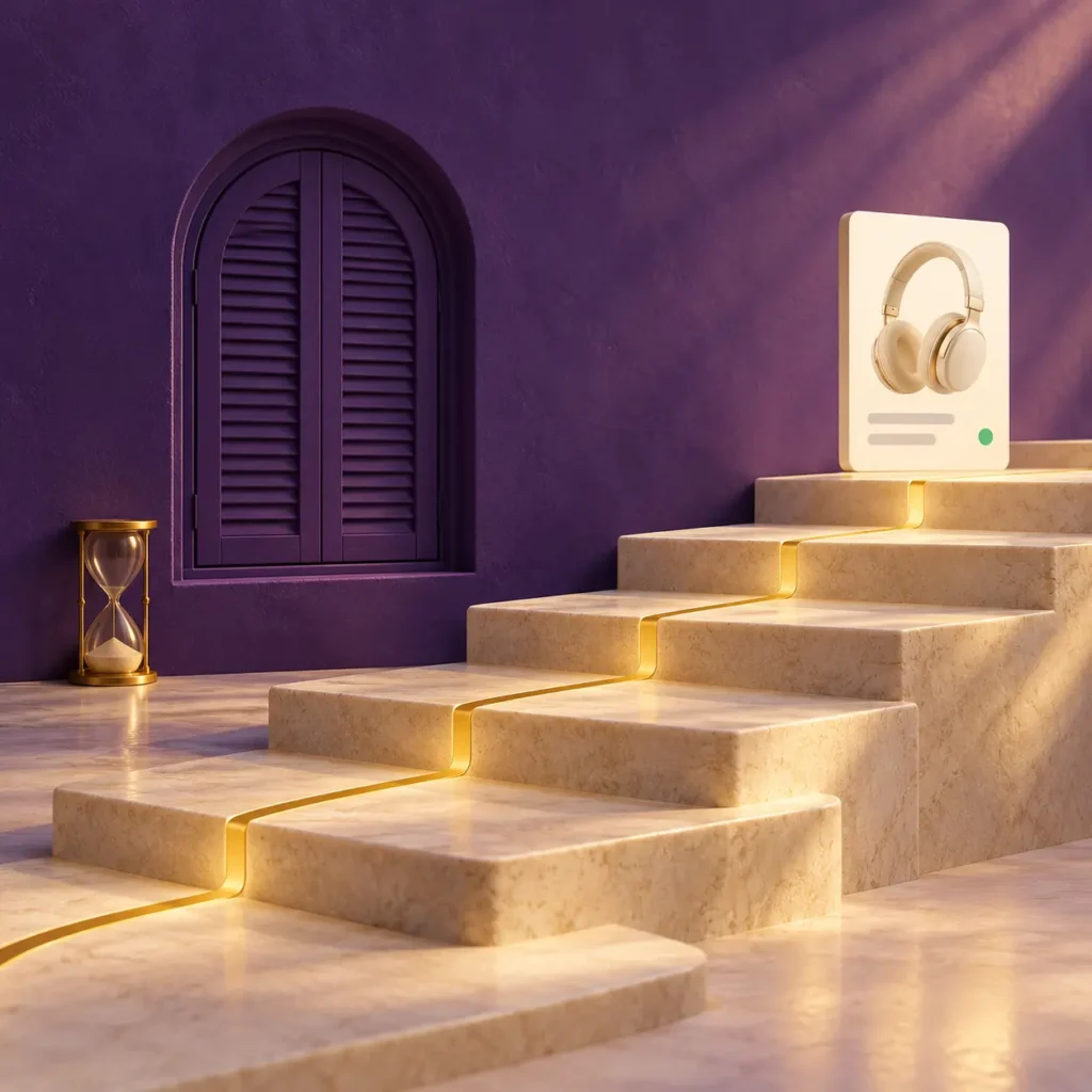 Gold-lined steps leading to a product listing beside a closed window, representing continued ranking progress after launch.