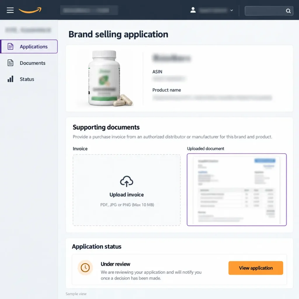 Brand selling application preview with an invoice upload area and application review status.