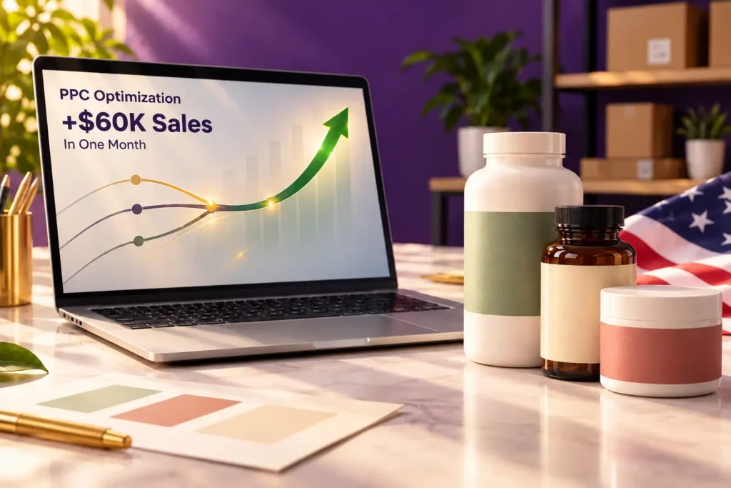 Health supplement bottles beside a US flag and laptop showing PPC optimisation delivering $60K in additional sales in one month.