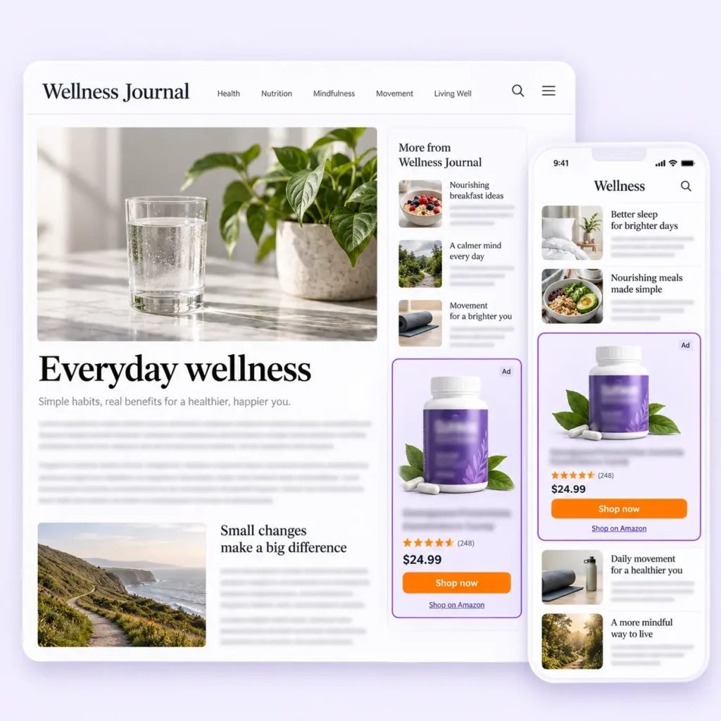 Supplement display ads on a wellness website and mobile app, highlighted in purple.