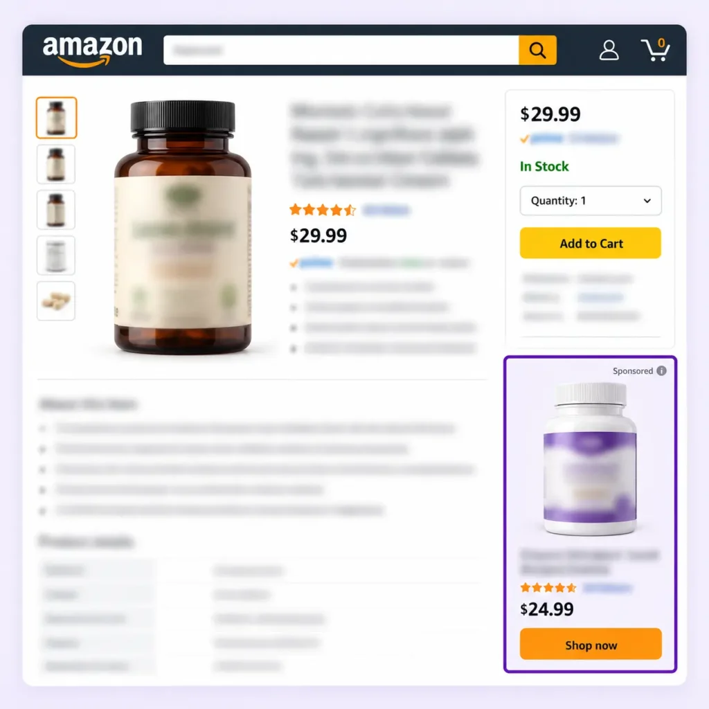 Supplement display ad below the purchase box on an Amazon product detail page, highlighted in purple.