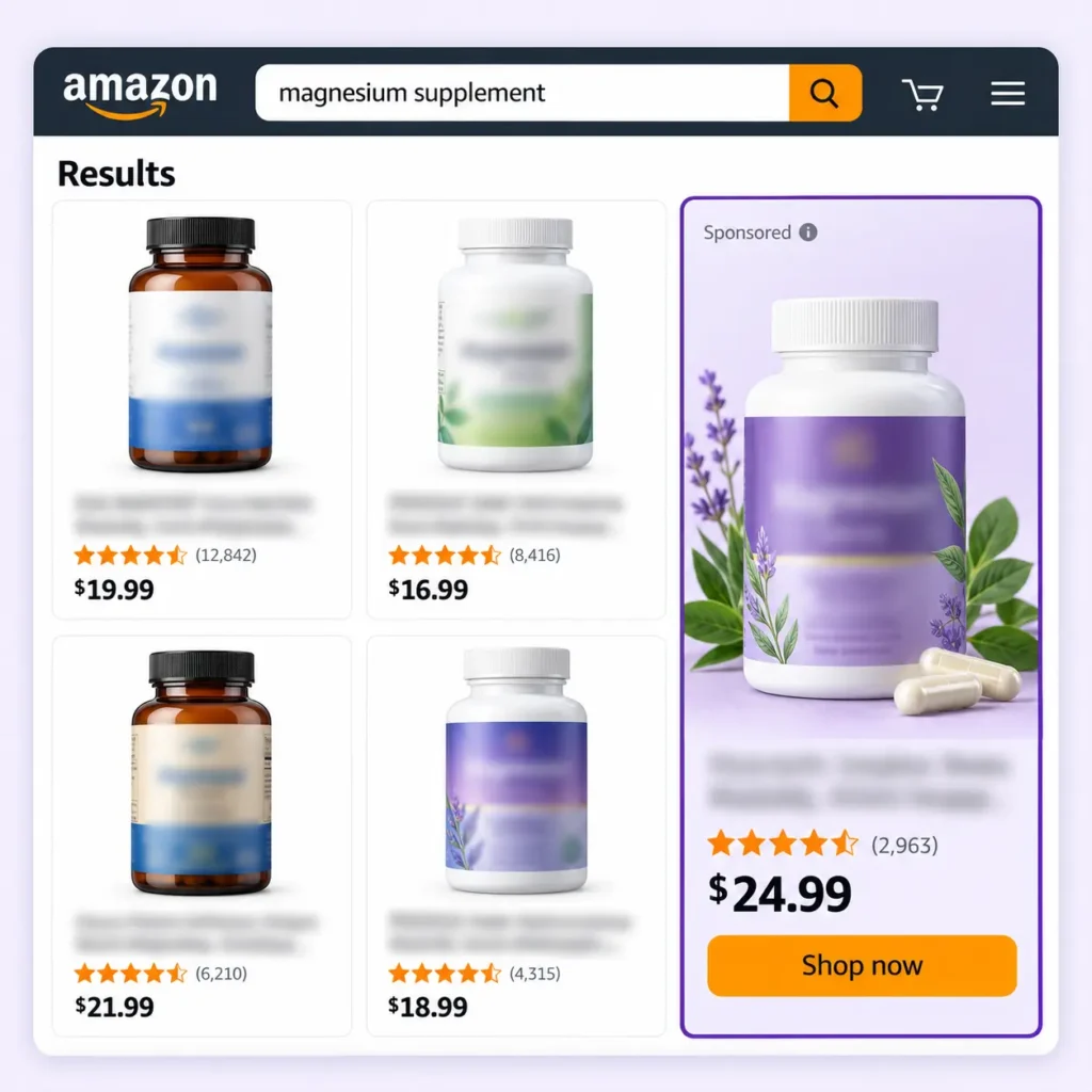 Supplement display ad beside Amazon shopping results, highlighted in purple.