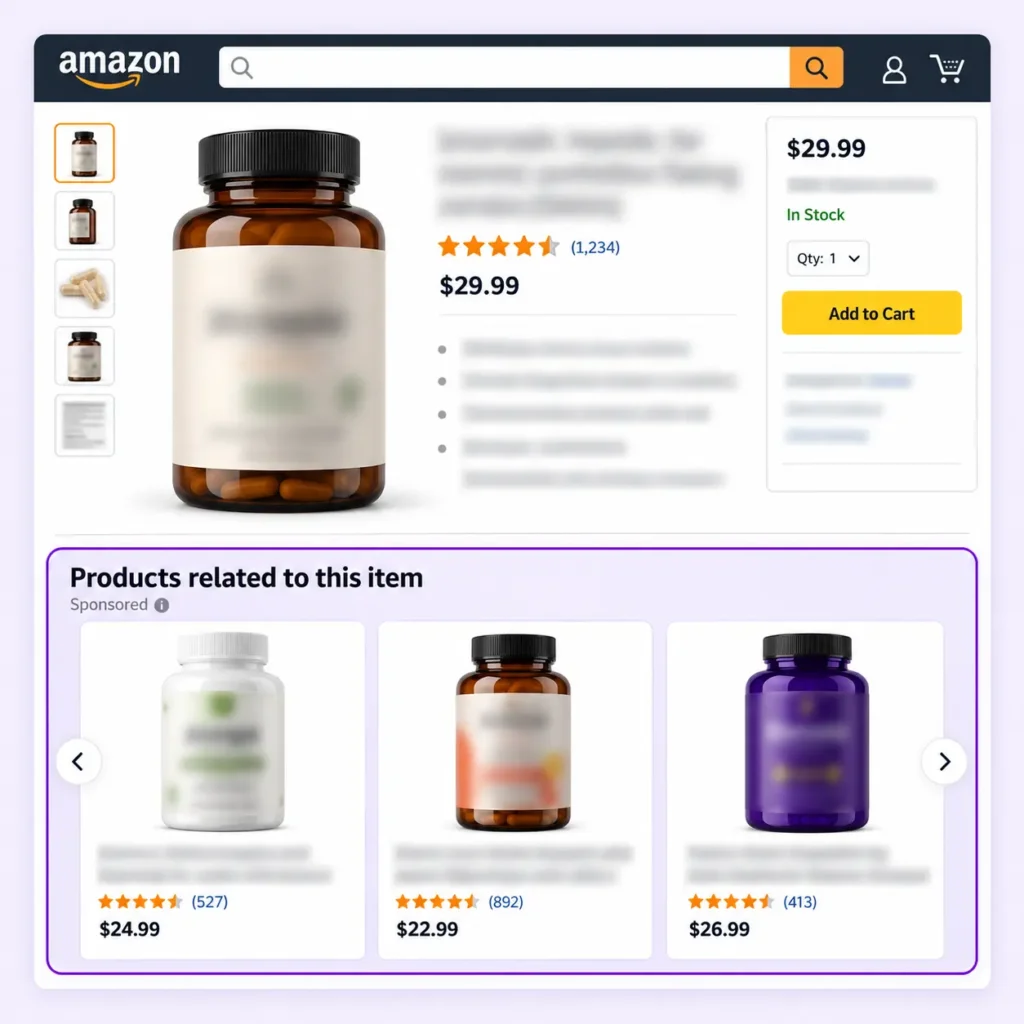Sponsored supplement recommendations below a competitor’s Amazon product listing, highlighted in purple.