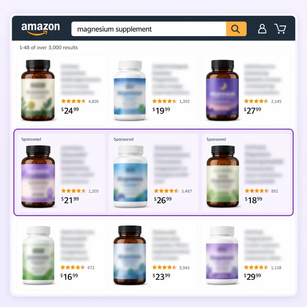 Sponsored supplement listings between organic Amazon search results, highlighted in purple.