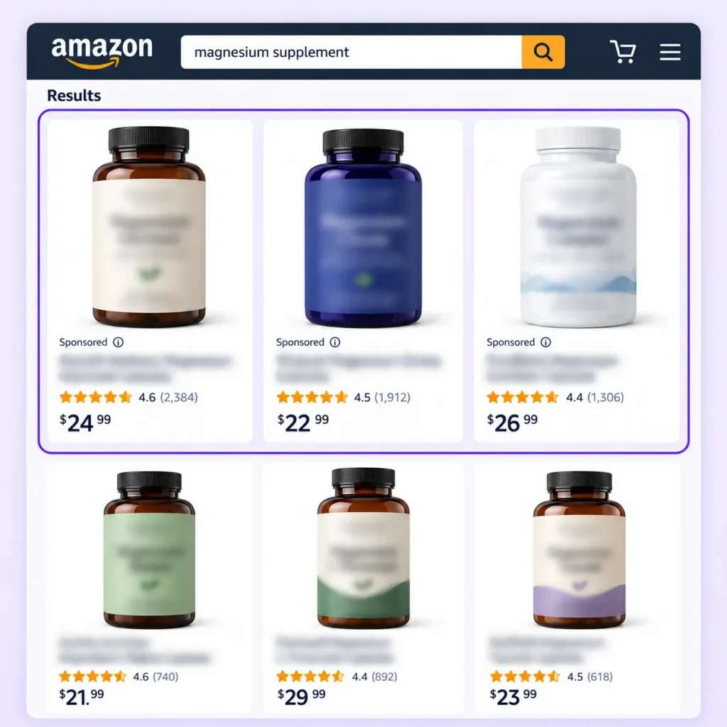 Sponsored supplement listings at the top of Amazon search results, highlighted in purple.