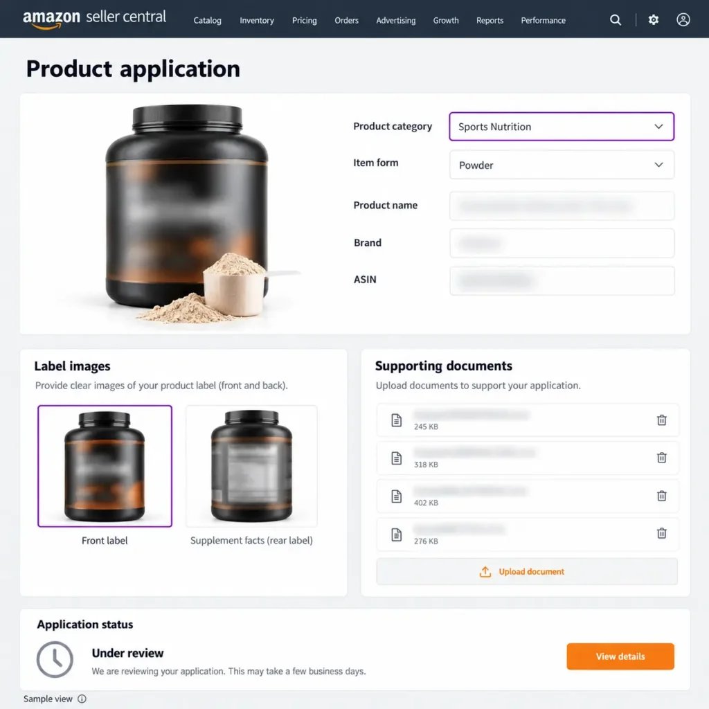 Sports nutrition application preview featuring a powder tub, label images and supporting documents.