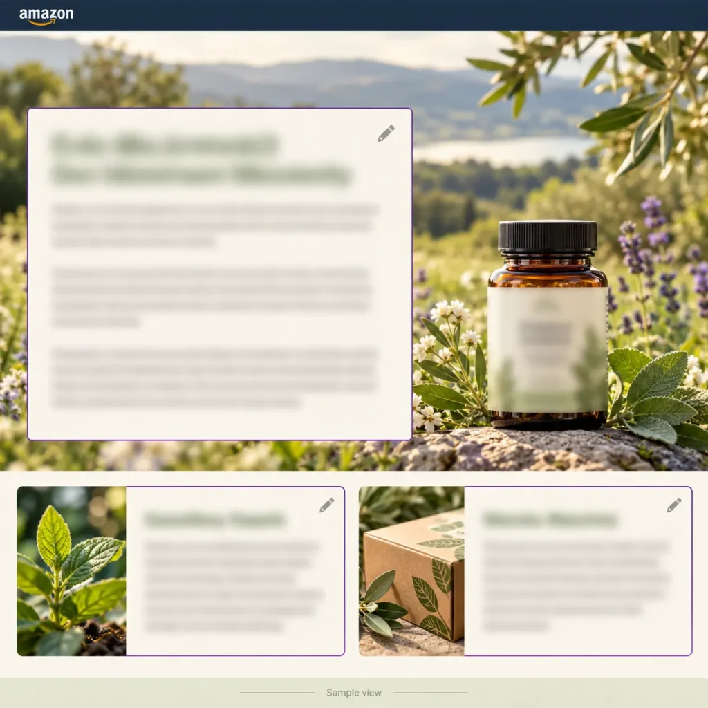Brand story preview featuring highlighted narrative copy alongside botanical and packaging imagery.