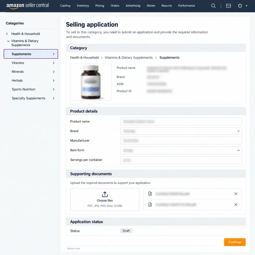 Supplement category application preview showing product details, document uploads and draft status.