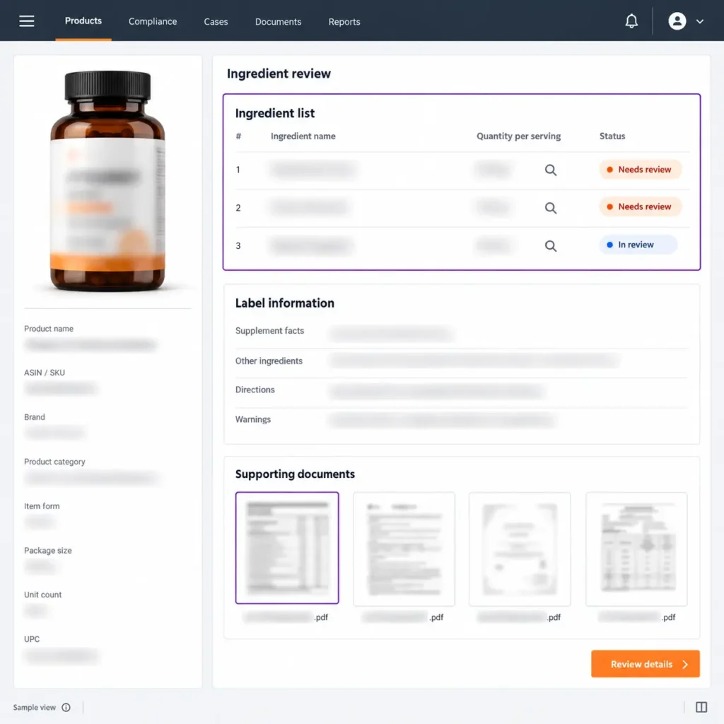 Supplement ingredient review workspace with highlighted ingredient rows, label information and supporting documents.