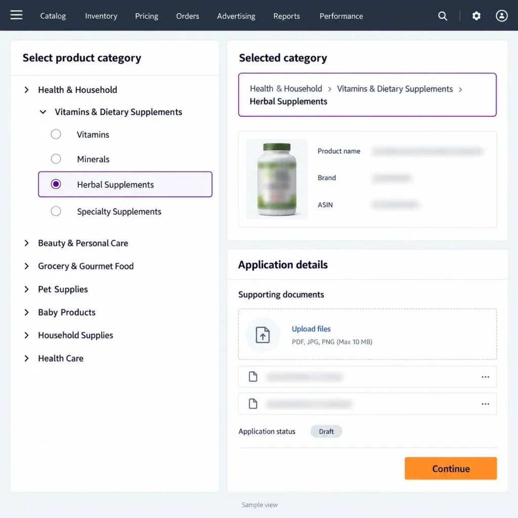 Supplement category selector with Herbal Supplements highlighted alongside product and application details.