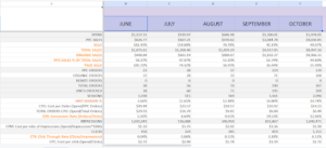 metrics spreadsheet, full monthly breakdown